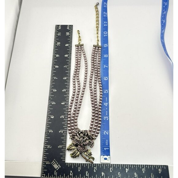 Heidi Daus Necklace Purple Blooming Rose Crystal Pearl Flower Triple Strand - Picture 2 of 13